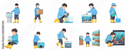 Принти на полотні Boy setting up and maintaining a home aquarium collection, pet care hobby and fi