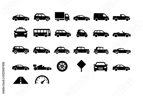 Automotive Vehicle Set. Solid glyph icon set of cars and vehicle transportation: sedan car, SUV, truck, sports car, van, pickup, taxi, bus, wagon, mini car, station wagon, cabriolet, crossover,