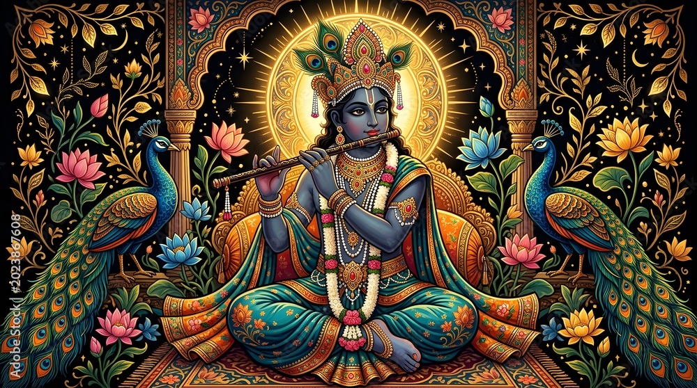 Obraz premium Krishna playing flute with peacocks and lotus flowers in indian mythology art