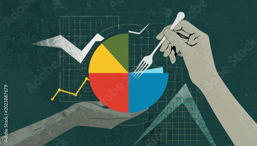 Business analysis, data gathering, profit sharing idea. One hand presents a stylish diagram while the other holds a piece with a fork. Simple Art Collage.