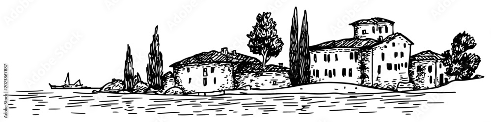 Fototapeta premium Italian village on lake coast vector sketch Hand drawn Mediterranean landscape with villa houses and boat travel illustration