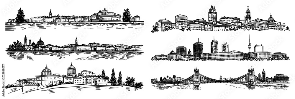 Obraz premium European cityscapes vector sketch set Hand drawn collection of famous landmarks and skylines Travel illustration bundle