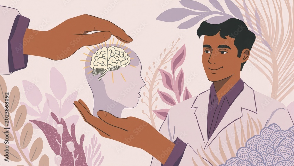 Obraz premium Awareness of mental health, hand care, and support involves a document representing brain health, wellness, psychological aid, healthcare, and mindfulness.