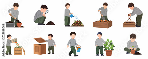Set of illustrations showing a boy engaged in composting, gardening, and learning about environmental sustainability.