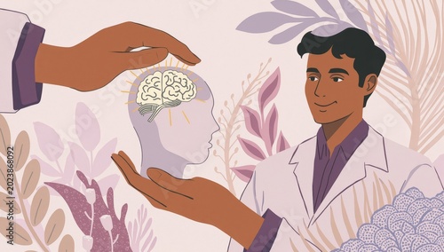 Awareness of mental health, hand care, and support involves a document representing brain health, wellness, psychological aid, healthcare, and mindfulness.