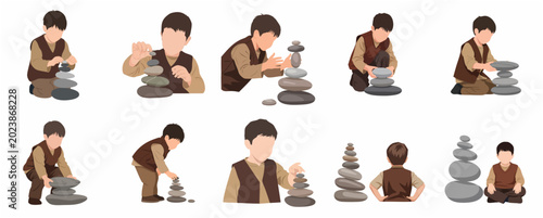 Vector illustration set of a boy stacking and balancing zen stones for mindfulness and concentration. Minimalist flat design of a child practicing patience with stone towers.