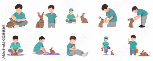 Valokuva Vector illustration set of a young boy role-playing as a veterinarian caring for pet rabbits, including grooming, feeding, and medical treatment scenes