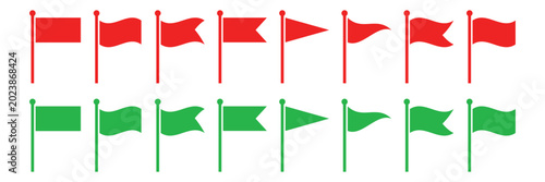 Obraz na płótnie Set of red and green flag on poles with various shapes isolated on transparent b