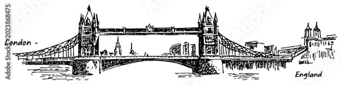Fotografie London Tower Bridge vector sketch Hand drawn historical England landmark on Tham