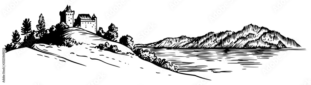 Fototapeta premium Medieval castle on hill over the lake vector sketch Hand drawn European mountain landscape with ancient fortress illustration