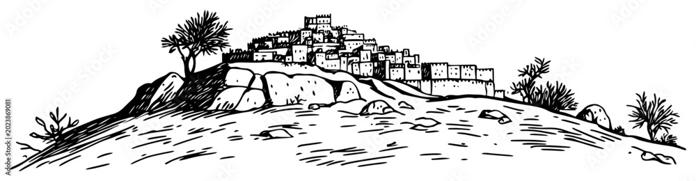 Fototapeta premium Old village on a rocky hill hand drawn sketch Vector illustration of a historic Mediterranean or desert town