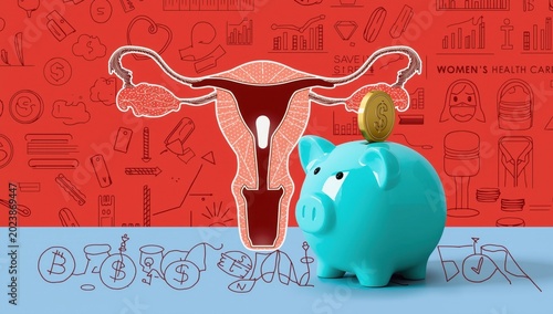 Uterus icon with piggy bank on red backdrop. Funding women's health. Saving for female care idea.