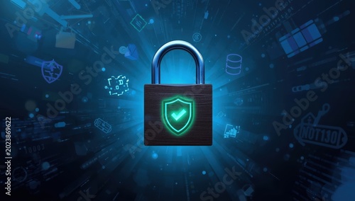 Ideas of internet technology, cybersecurity, databases, data privacy, and web safety. Padlock on wood featuring a shield symbol.