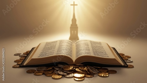 Concept of tithing. Cross and currency with Scripture. Biblical idea of Christian donations, generosity, and church tithes.
