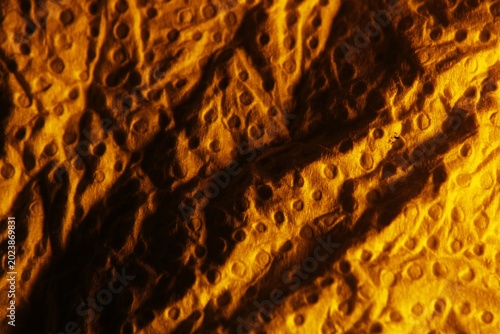 Foto Papel absorbente para limpieza de cocina arrugado,  iluminado con luz rasante en tonos cálidos y dorados, forman grietas y pliegues y generan una textura con fuertes contrastes de luces y sombras