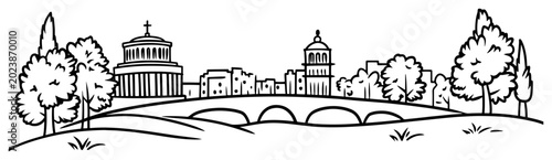 Foto Hand-drawn European old town riverside skyline vector black and white line art w