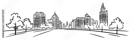Canvas Print City boulevard with trees and modern skyline minimalist black ink line art vecto
