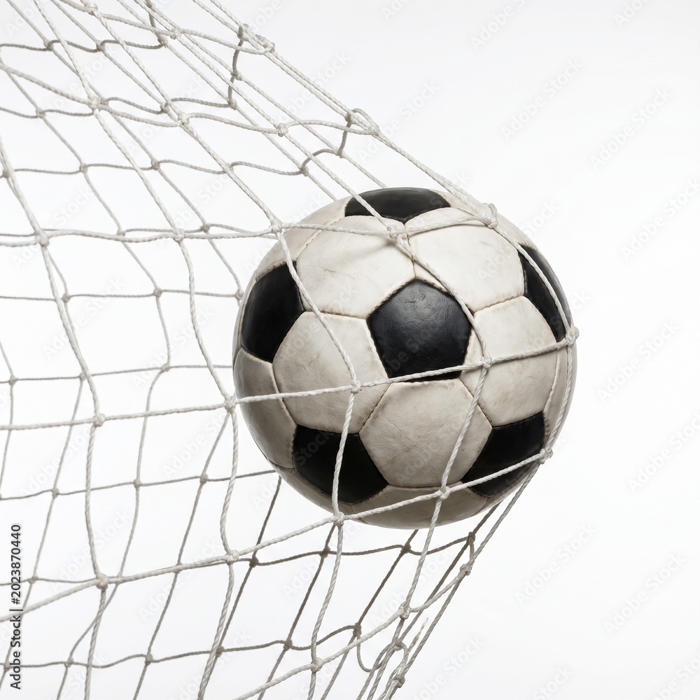 Naklejka premium Commercial sports photography of a soccer ball hitting the goal net on a white background.