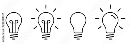 Tableau sur toile Four black outline light bulb with filament details and radiant isolated on tran