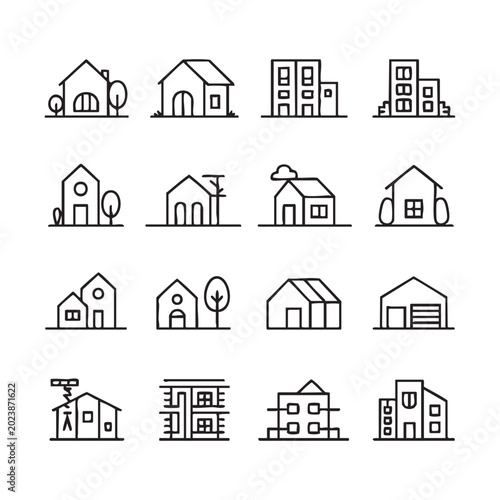 Outline house and building icons set featuring various home types with trees for site architectural.