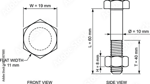 Technical drawing illustration showing a metal bolt with a nut and precise dimension measurement labels