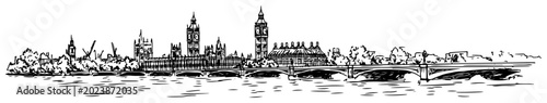 Φωτογραφία London England cityscape sketch with Big Ben and Westminster Palace on the River Thames