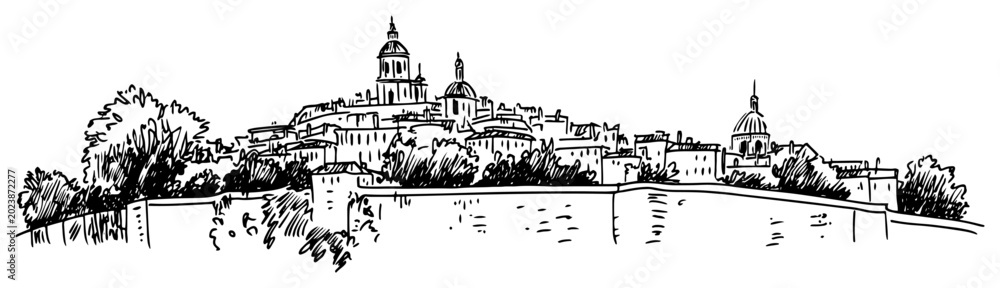 Obraz premium Historic old town on a hill Hand drawn European cityscape sketch vector illustration