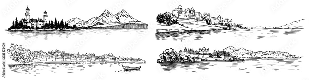 Fototapeta premium Set of hand drawn landscapes with mountains lake sea and village Scenery sketch collection vector illustration