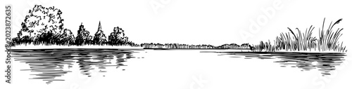 Fotografie Serene river landscape with trees and reflections on the water Hand drawn nature