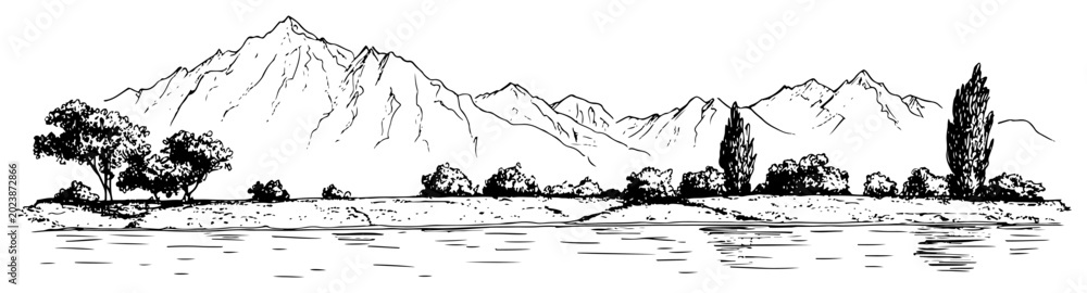 Obraz premium Mountain lake landscape. Hand drawn vector sketch of a beautiful nature scenery