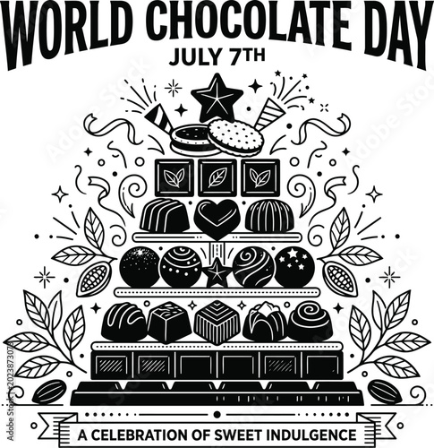 World Chocolate Day Stacked Chocolate Tower Vector, Premium Truffle and Cookie Dessert Illustration