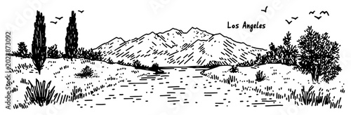 Foto Los Angeles California landscape with mountains and path Hand drawn nature scene