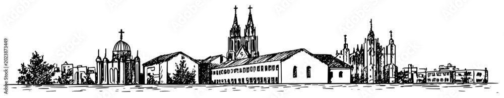 Fototapeta premium European religious complex with various churches Hand drawn architectural sketch vector illustration