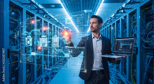 business professional analyzing data in futuristic server room with holographic interface