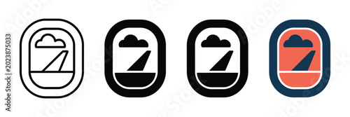 Set of airplane window view icons featuring minimalist graphic designs of aircraft wings and clouds in outline solid black and modern colored styles