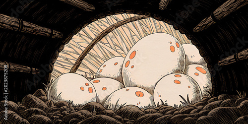  Stylized Illustration of Large Spotted Eggs in a Dark Cave