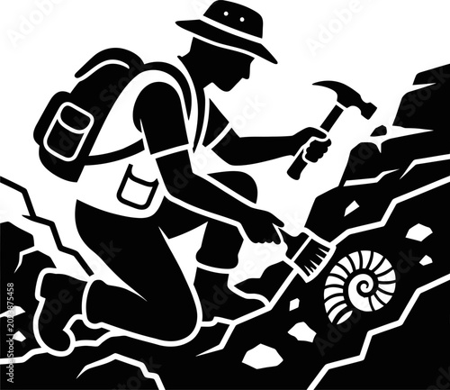 Paleontologist brushing away dirt from fossilized ammonite shell with hammer and brush