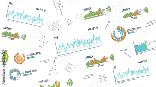 Tableau sur toile Gaming performance analytics vector set featuring FPS monitoring charts, latency