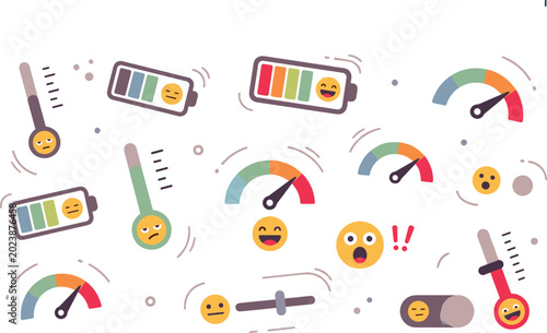 Fotografia Emotion gauge and mood tracking vector set featuring emoji sentiment indicators,