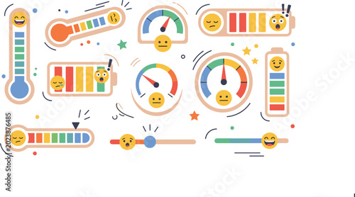 Photos Emotion meter and mood analytics vector set featuring emoji feedback indicators,