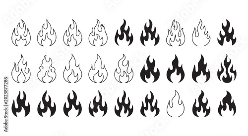 Collection of fire flame icons featuring outline and solid styles for various graphic design works.