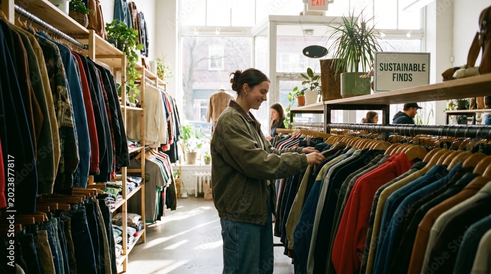 Fototapeta premium A young woman browsing a rack of vintage clothing in a brightly lit thrift store