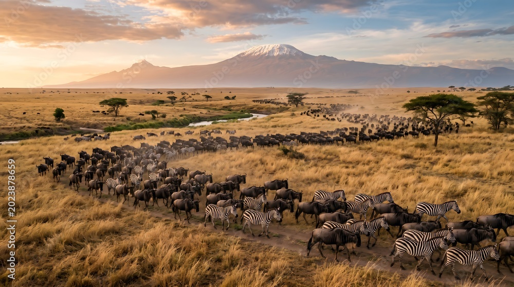Obraz premium The Great Migration: Thousands of Wildebeest and Zebras Journey Across the Golden Serengeti Plains Beneath the Majestic, Snow-Capped Peak of Mount Kilimanjaro at Sunrise