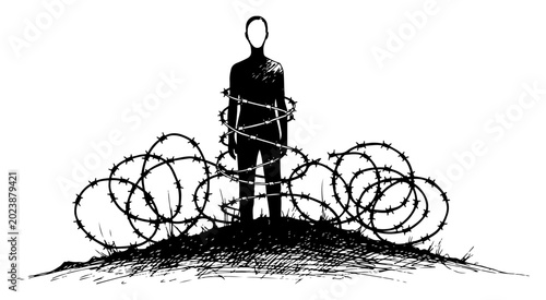 Quadro su tela Silhouette of a person trapped and wrapped in barbed wire in hand drawn sketch s