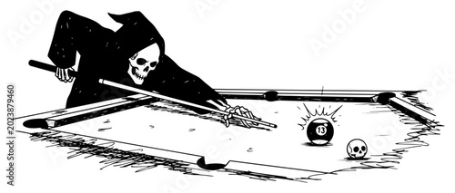 Obraz na plátne Grim reaper playing billiards with a bomb and a skull in a surreal dark sketch s
