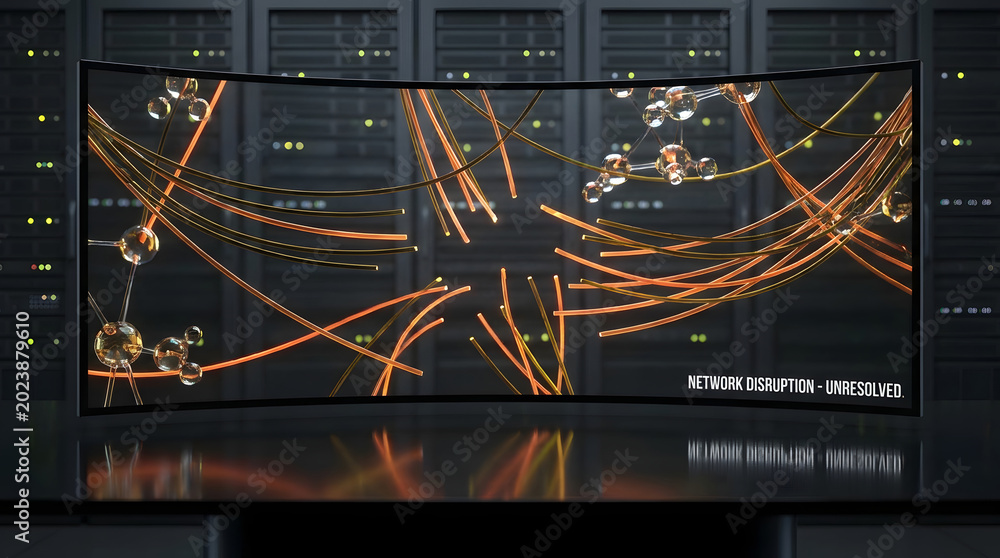 © Frendev - Server room screen with tangled orange network lines represents connection disruption, unresolved routing issues, system failure, and troubleshooting © Frendev - Server room screen with tangled orange network lines represents connection disruption, unresolved routing issues, system failure, and troubleshooting