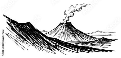 Foto Volcano erupting smoke with mountain ranges in the background in hand drawn sket