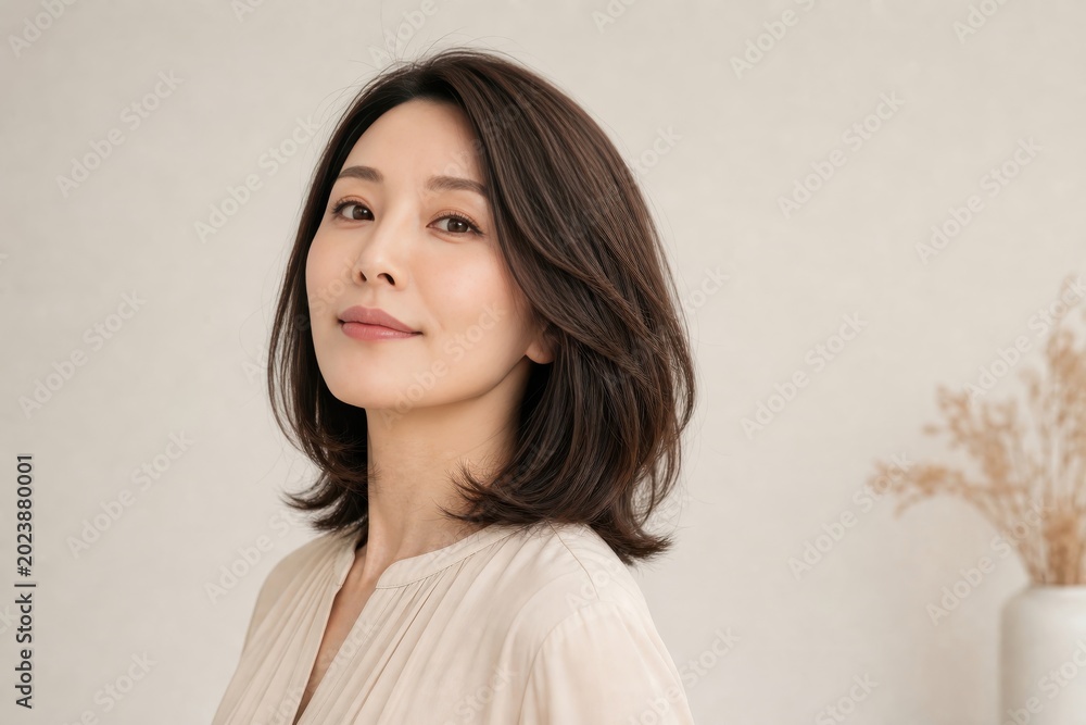 Fototapeta premium クリーム背景で上を向くレイヤードミディアムの40代女性
