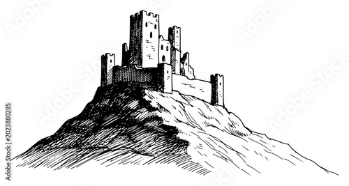 Foto Medieval castle ruins on top of a steep rocky hill engraving style