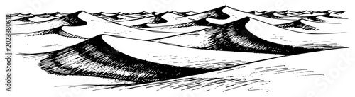 Konstfotografi Desert sand dunes stretching across a wide arid landscape in vintage sketch styl
